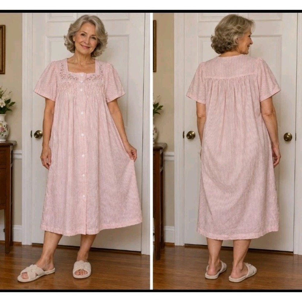 Miss Elaine Size S Midi Seersucker Duster Housecoat Robe Grandmacore Pink Stripe